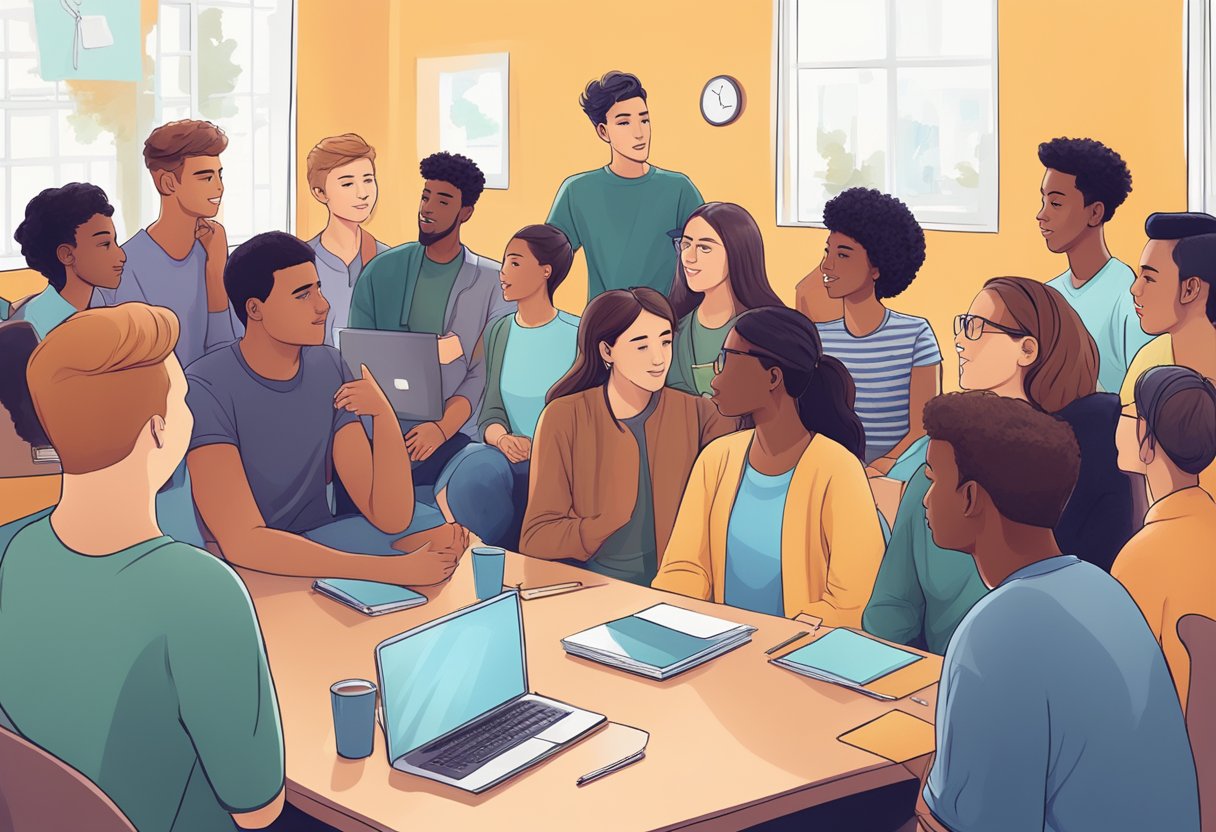 Impact of Open Communication on Alleviating Student Anxiety and Stress: Key Strategies for Educators open communication, Anxiety LearningMole A group of students engage in open communication, surrounded by positive social perceptions and media influence, leading to reduced anxiety and stress