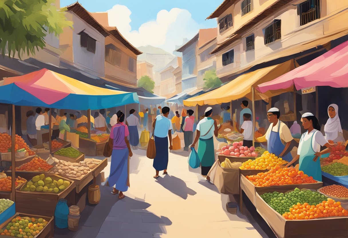 A bustling street market with vibrant colors, exotic smells, and diverse cultural artifacts on display. A local guide interacts with curious travelers, offering insights into the rich history and traditions of the region