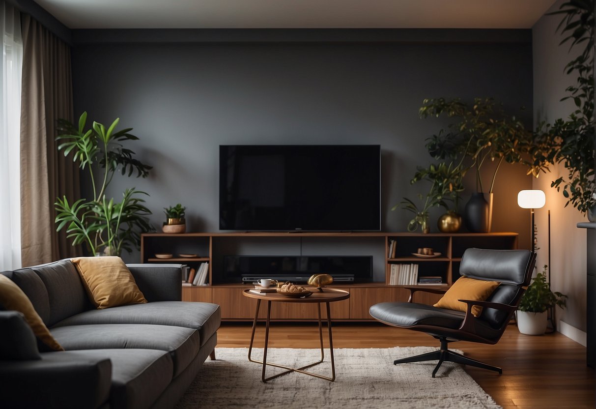 A cozy living room with a comfortable recliner facing a big screen TV, a side table with a remote, and soft lighting for a relaxing viewing experience