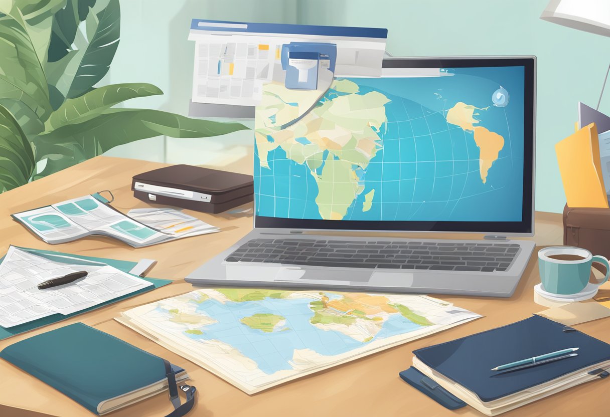 A map, calendar, and computer on a desk with a suitcase and travel documents scattered around