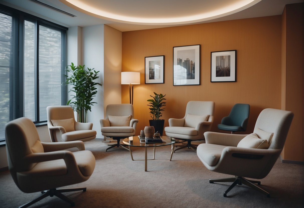 A cozy psychology office with comfortable, medium-density armchairs arranged in a welcoming and professional manner