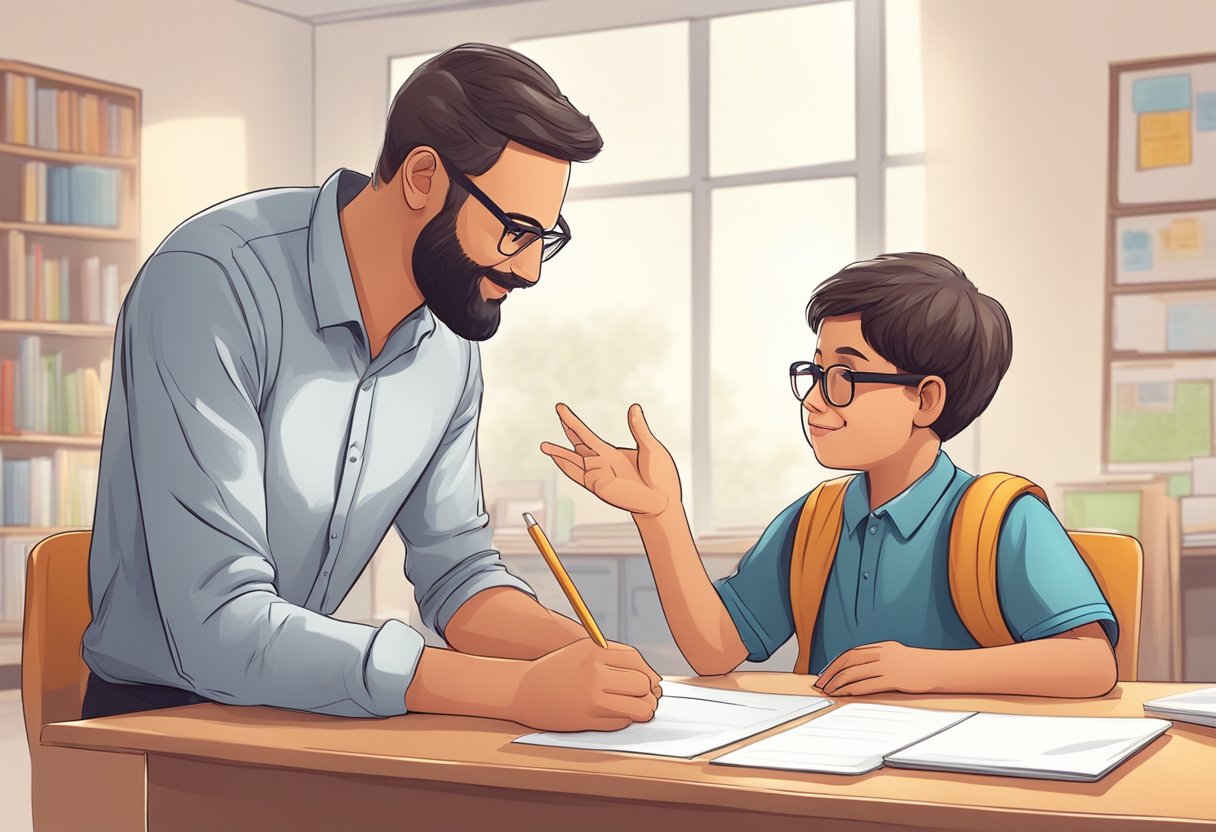 A parent and a teacher engage in open communication, exchanging ideas and feedback, working together to support the educational development of the child