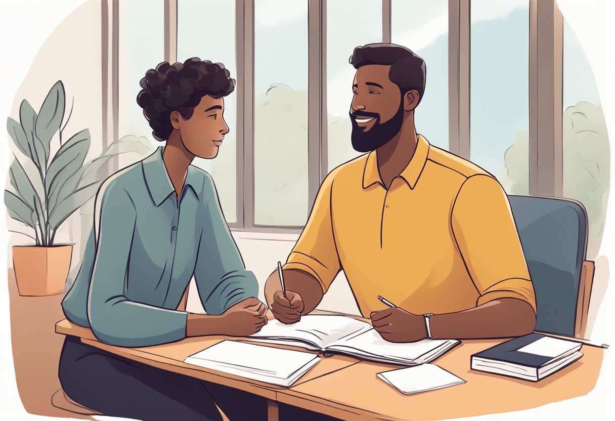 A parent and a teacher sit at a table, discussing goals and expectations. Both are engaged and collaborative, with open body language and a shared sense of purpose