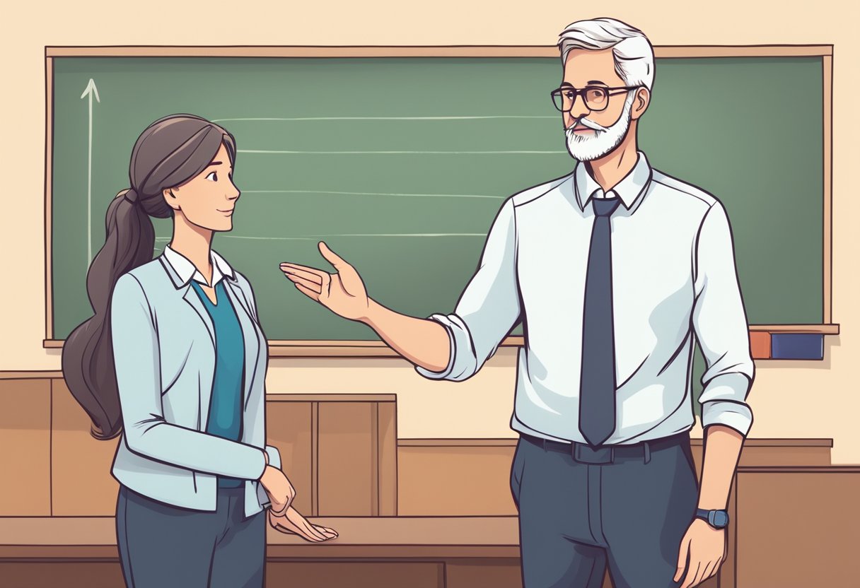 A parent and a teacher standing side by side, working together to solve a problem, with a sense of unity and cooperation evident in their body language