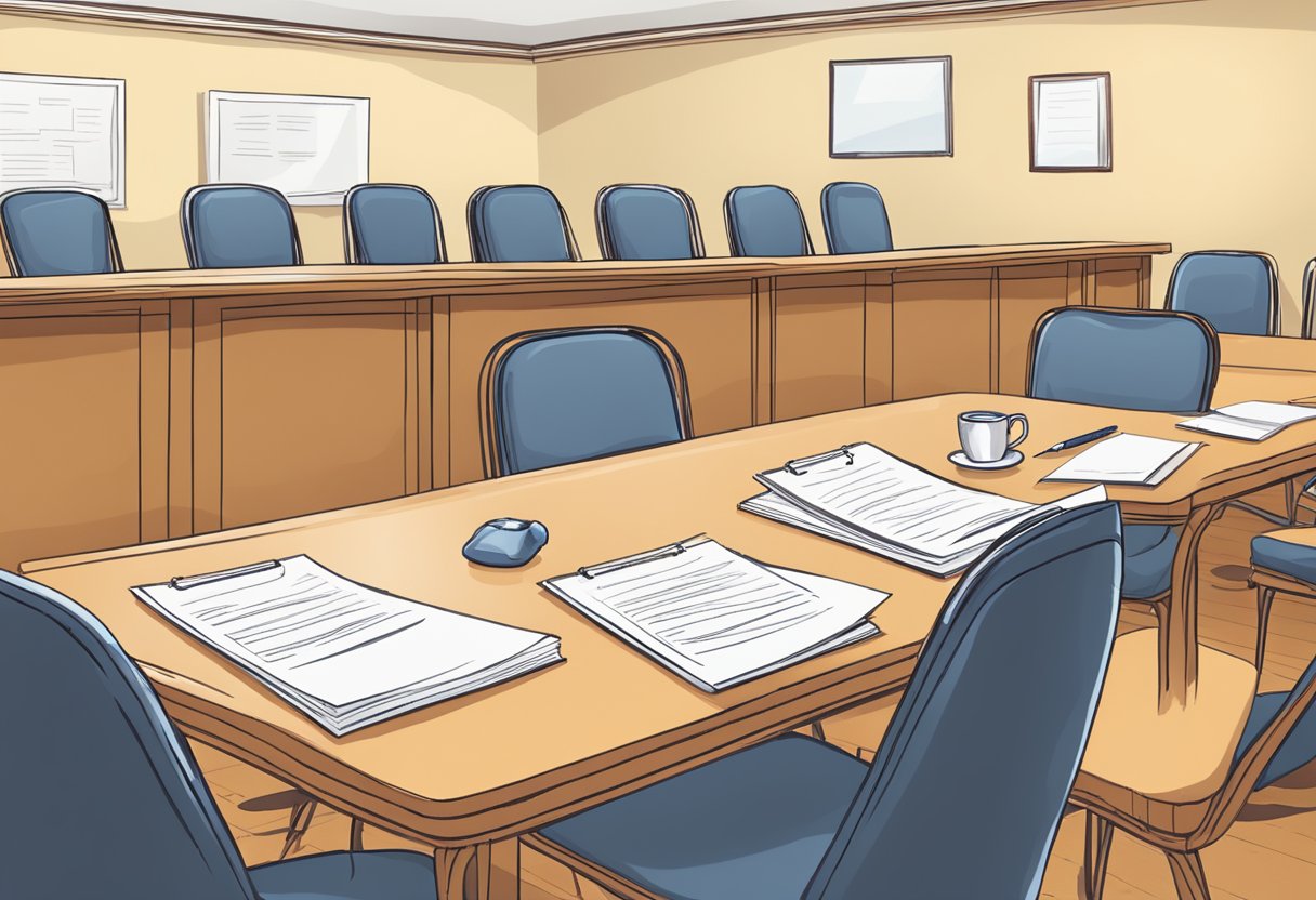 A table surrounded by chairs, with papers and pens for note-taking. A sign-up sheet and schedule displayed. A warm and welcoming atmosphere