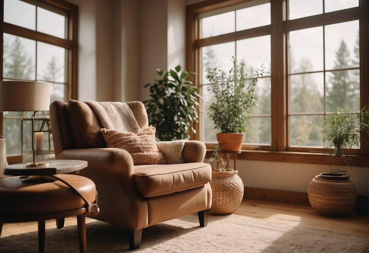 A cozy living room with a warm, earthy-toned armchair, surrounded by soft, neutral-colored decor and natural light streaming in through large windows