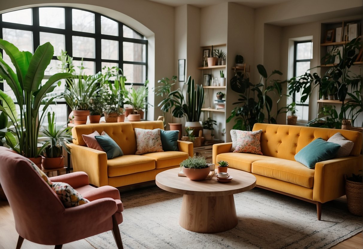 A cozy living room with a variety of colorful armchairs, surrounded by plants and natural light