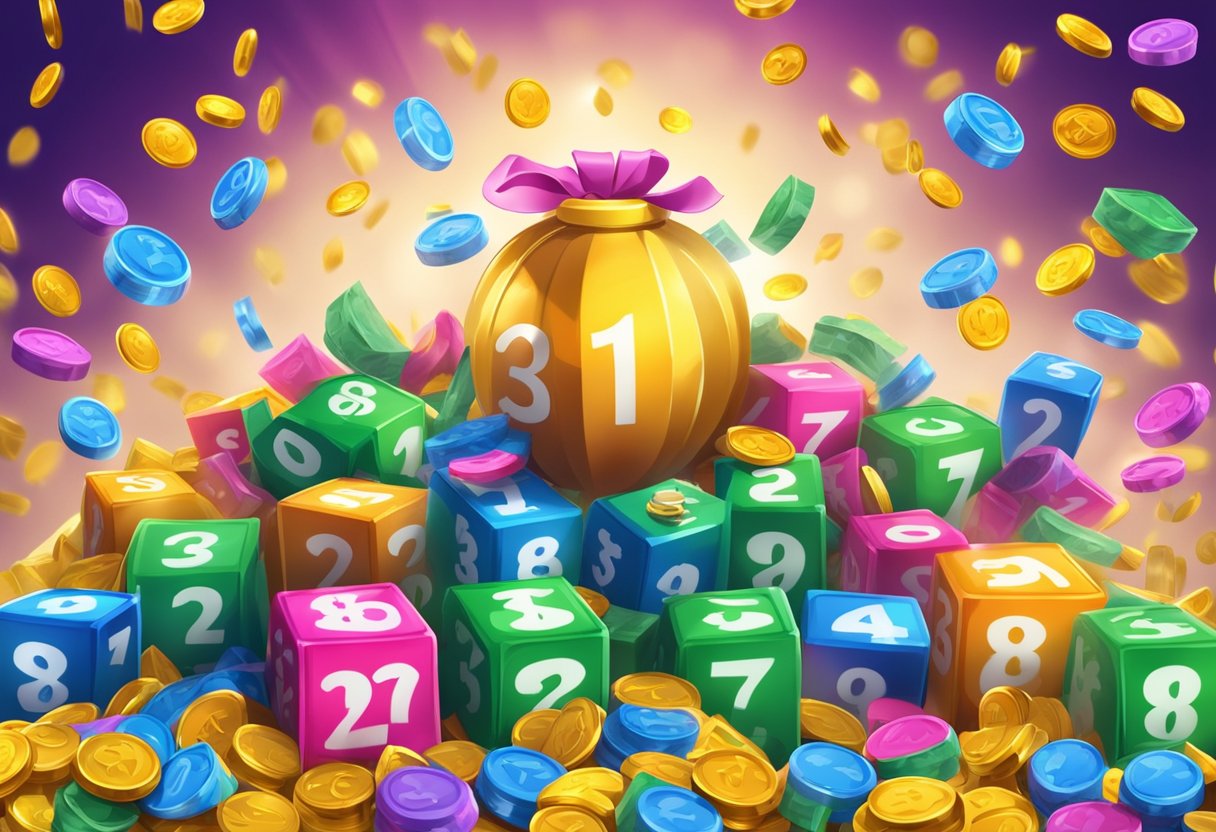 A colorful display of winning Satta Matka numbers surrounded by stacks of cash and lucky charms, with a confident player celebrating in the background