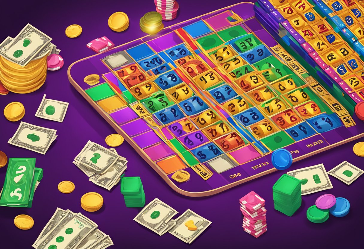 A colorful Satta Matka board with winning numbers and betting options, surrounded by excited players and stacks of cash