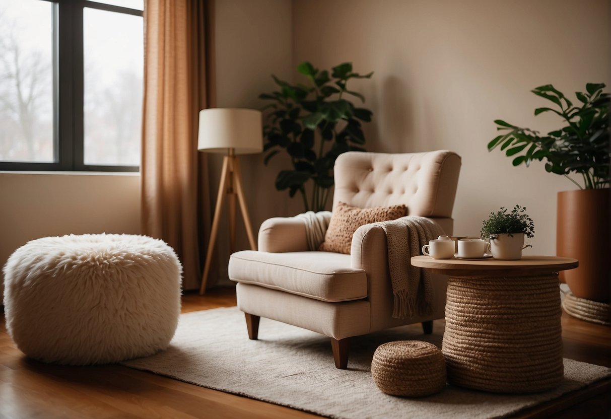 A cozy living room with a plush, beige armchair, surrounded by warm, earthy textures and materials