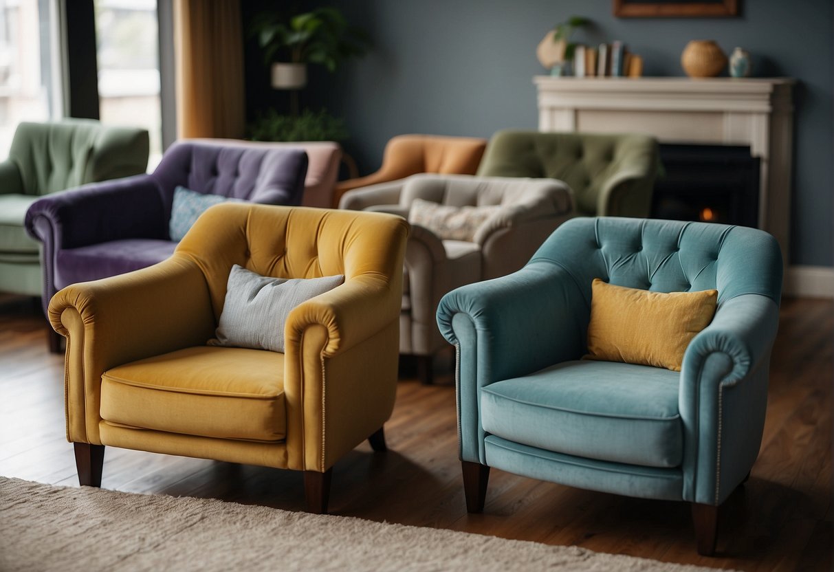 Various types of armchairs in a living room setting, each serving a different function. Colorful options to choose from for the best fit in the room