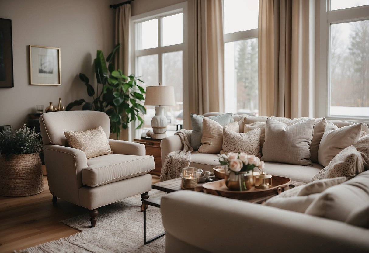 A cozy living room with a neutral-toned armchair, surrounded by stylish accessories and complementary decor