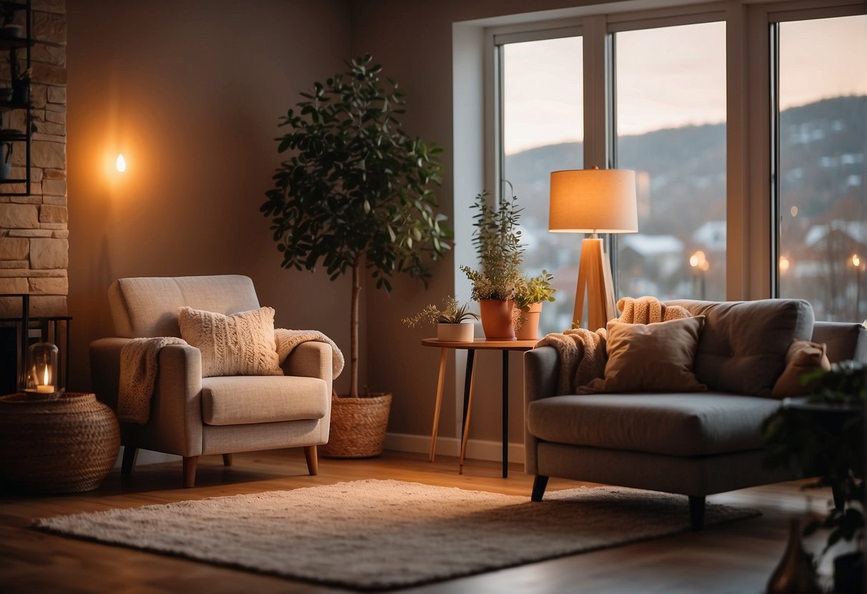A cozy living room with a comfortable armchair, surrounded by soft lighting and a warm color scheme
