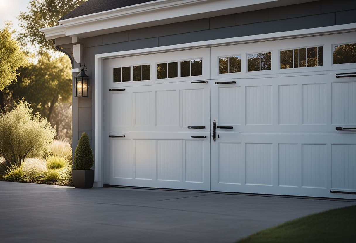 Garage door parts in action: springs coil, cables pull, rollers glide, and hinges pivot. A motor hums, lifting the door
