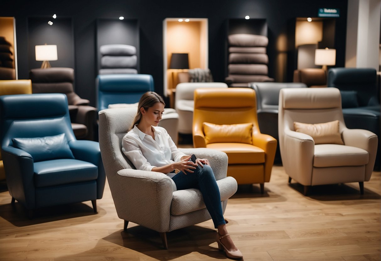 A person carefully choosing a comfortable armchair from various brands displayed in a showroom