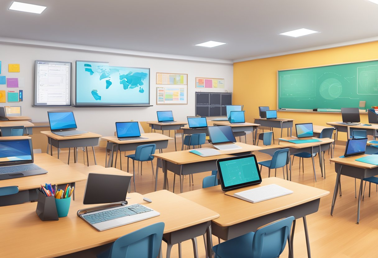 A classroom filled with diverse digital tools and software, including interactive whiteboards, tablets, and educational apps, all enhancing student engagement