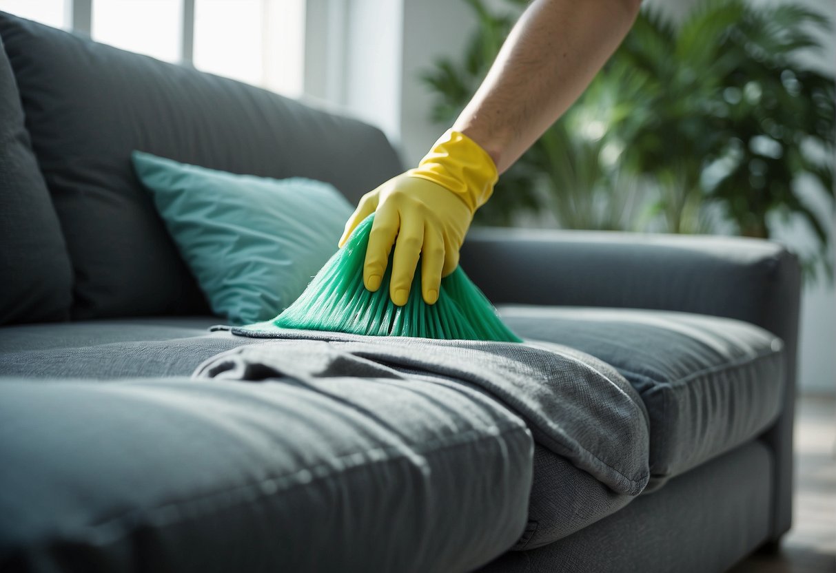 The environment is being prepared for sofa cleaning, with the sofa being cleaned