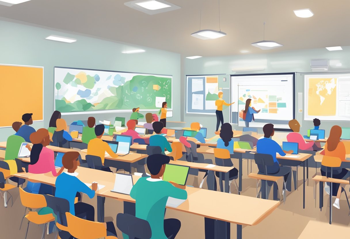 A classroom with students engaged in various creative assignments using software tools