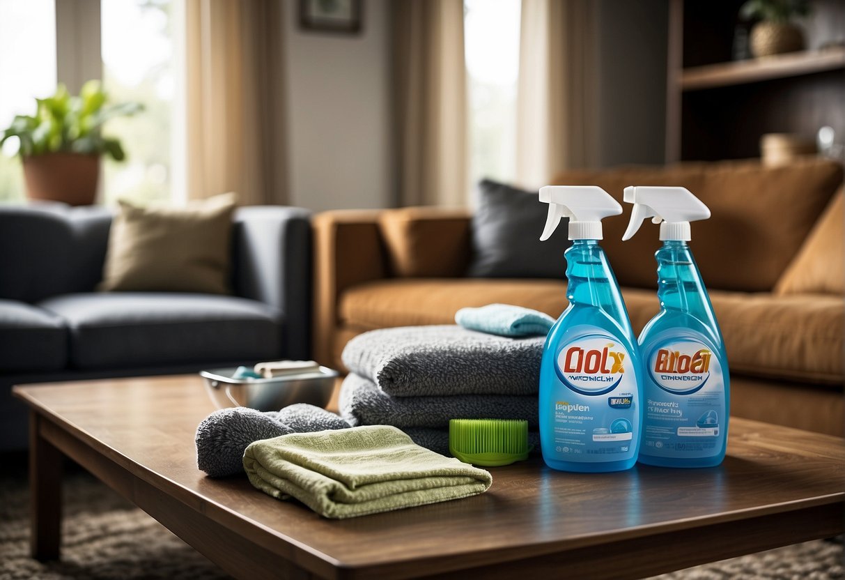 A living room with a sofa surrounded by recommended cleaning products and accessories, such as a vacuum, microfiber cloths, and upholstery cleaner