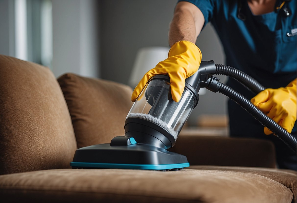 A professional cleaner using a vacuum and upholstery cleaner to clean a sofa