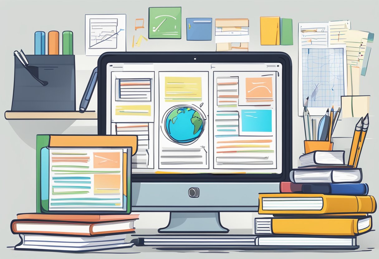 A computer screen displaying various writing and note-taking software tools, surrounded by classroom elements like books, pencils, and a chalkboard