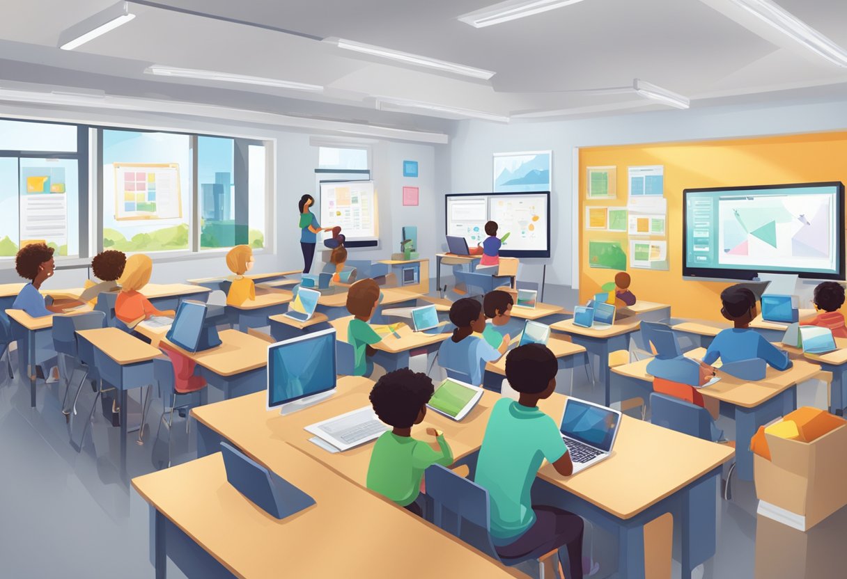 A classroom with students using various tech tools to enhance their engagement in learning. Computer screens, tablets, and interactive whiteboards are being utilized