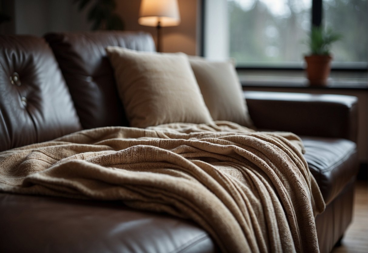 A blanket is being draped over a sofa, neatly tucking in the corners for a cozy and inviting look