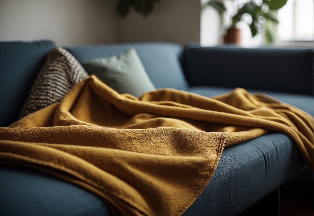 A person carefully draping a blanket over a sofa, ensuring it is evenly spread and neatly tucked in