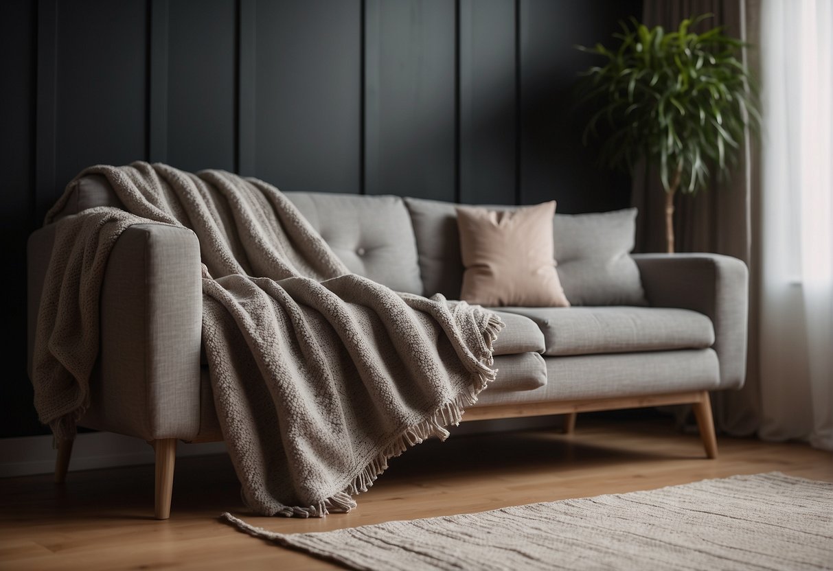 A cozy living room with a neatly folded blanket draped over the arm of a comfortable sofa, ready to be used for warmth and comfort