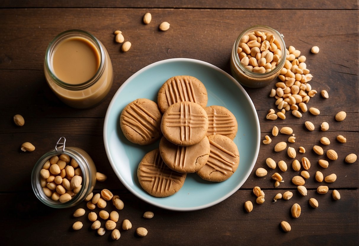 A plate of ketogenic peanut butter cookies on a rustic wooden table, surrounded by scattered peanuts and a jar of peanut butter