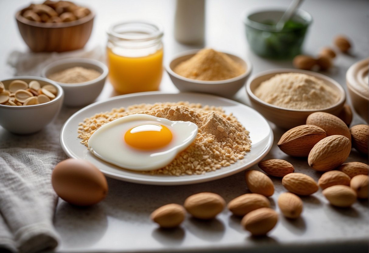 A kitchen counter with ingredients: almond flour, peanut butter, eggs, and sweetener. A mixing bowl and spoon are used to combine the ingredients before shaping and placing them on a baking sheet