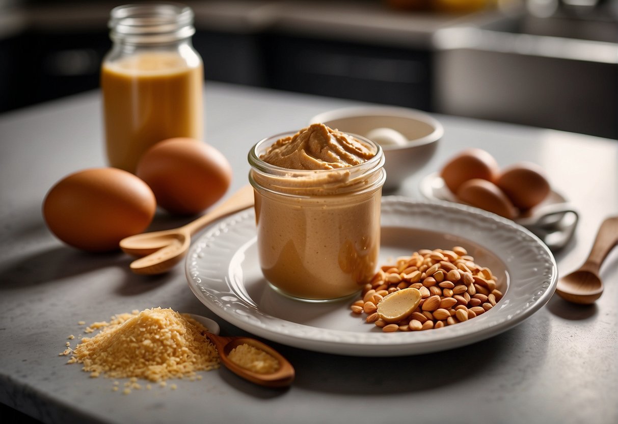 A jar of peanut butter, almond flour, erythritol, and eggs on a kitchen counter, surrounded by measuring cups and spoons