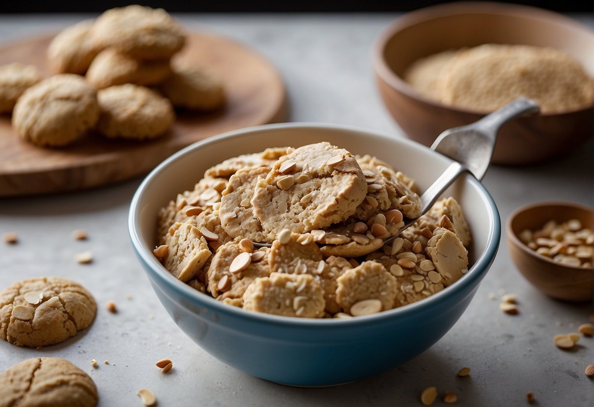 A mixing bowl filled with almond flour, peanut butter, and sweetener. A spoon stirs the ingredients together. A baking sheet lined with parchment paper awaits the formed cookie dough