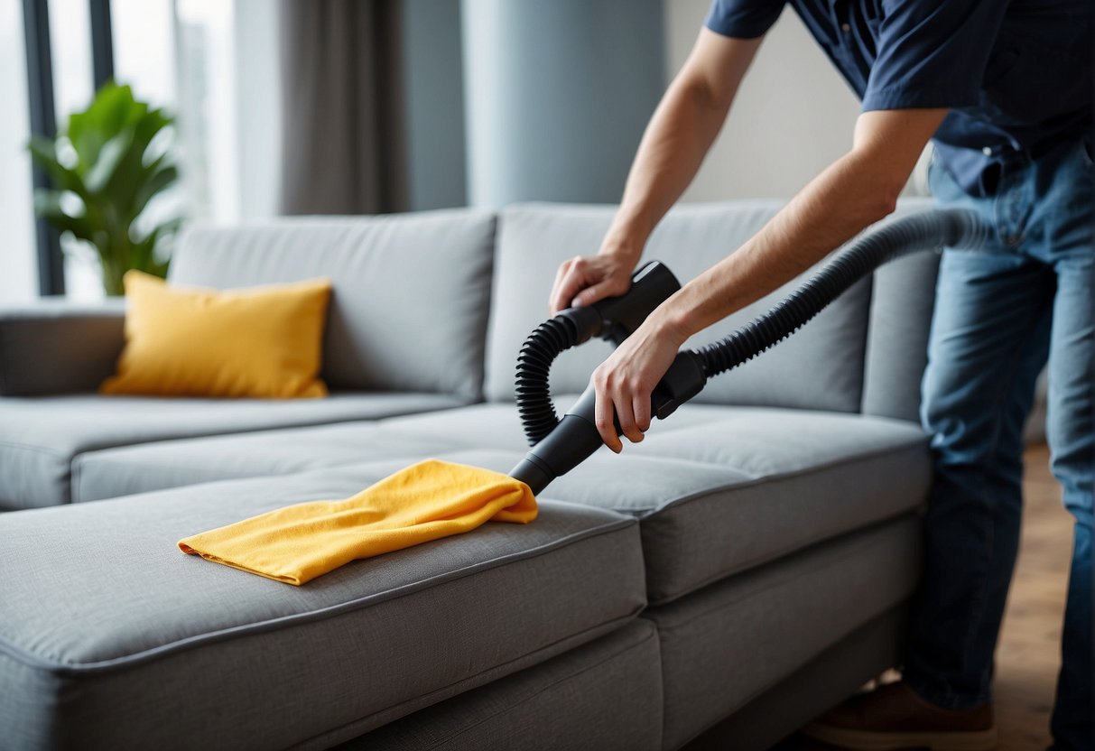 A person is cleaning a fabric sofa with a vacuum and upholstery cleaner, removing stains and dirt