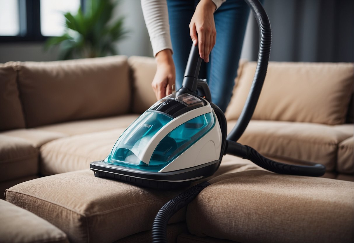 A person cleaning a fabric sofa with a vacuum and fabric cleaner, removing stains and dirt