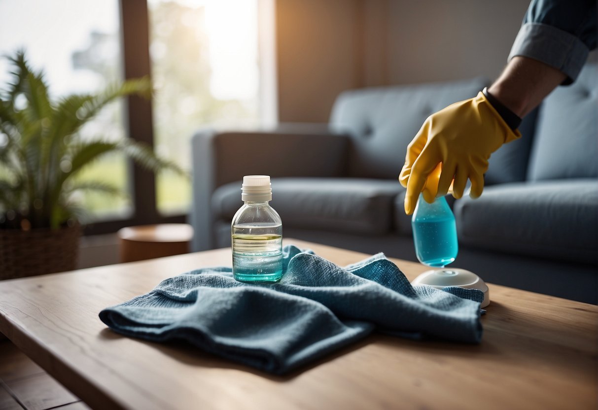 A sofa being cleaned with a brush and fabric cleaner, with a bottle of cleaning solution and a cloth nearby
