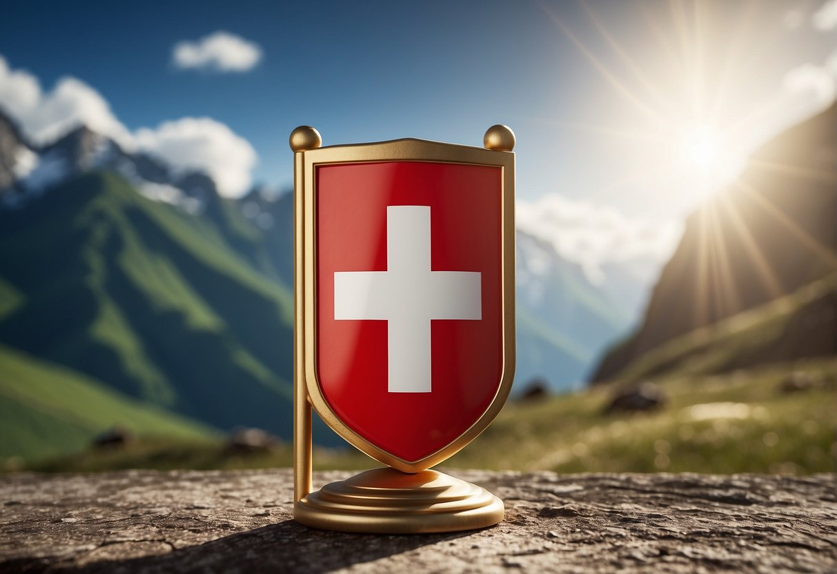 A Swiss flag waving in the wind with a shield symbolizing player protection, surrounded by gambling-related icons