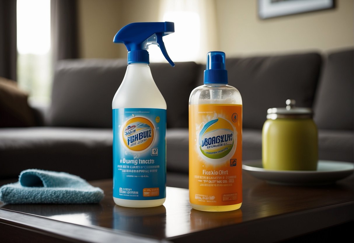 A bottle of specific cleaning product next to a sofa with a wet spot and a faint odor