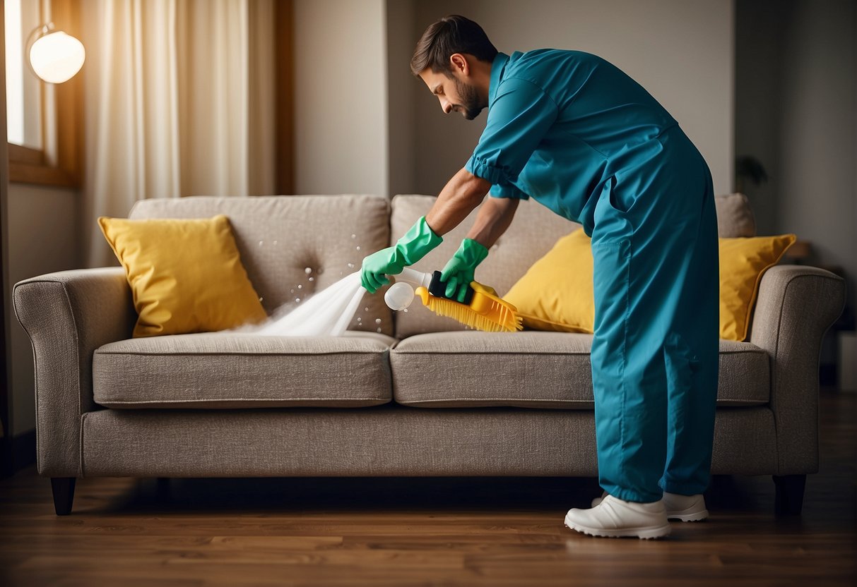 A sofa being cleaned and deodorized to remove urine odor