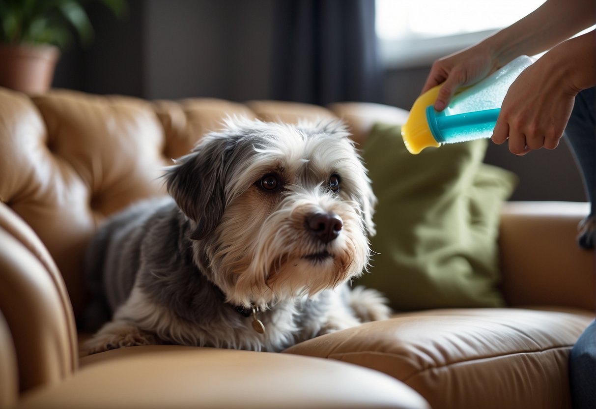 A pet owner cleaning a sofa with a cloth and cleaning solution to remove the smell of urine
