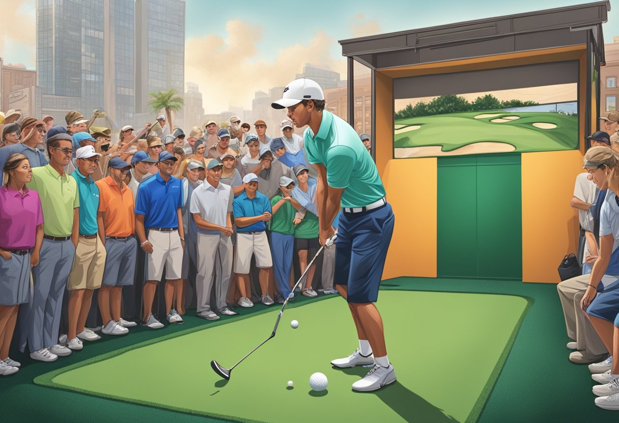 A golfer swings a club inside a Strikeclub simulator, surrounded by onlookers in a bustling urban setting