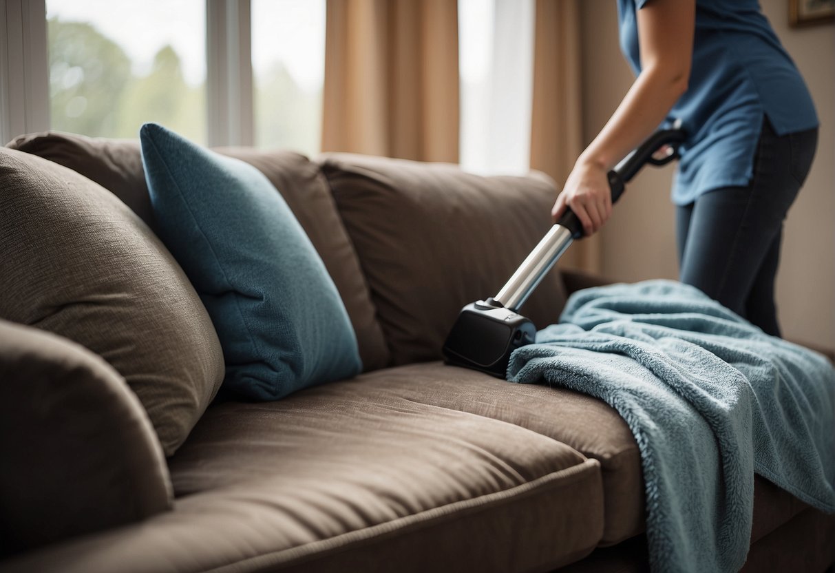 A sofa being gently brushed and vacuumed, with a spray bottle and cloth nearby for spot cleaning