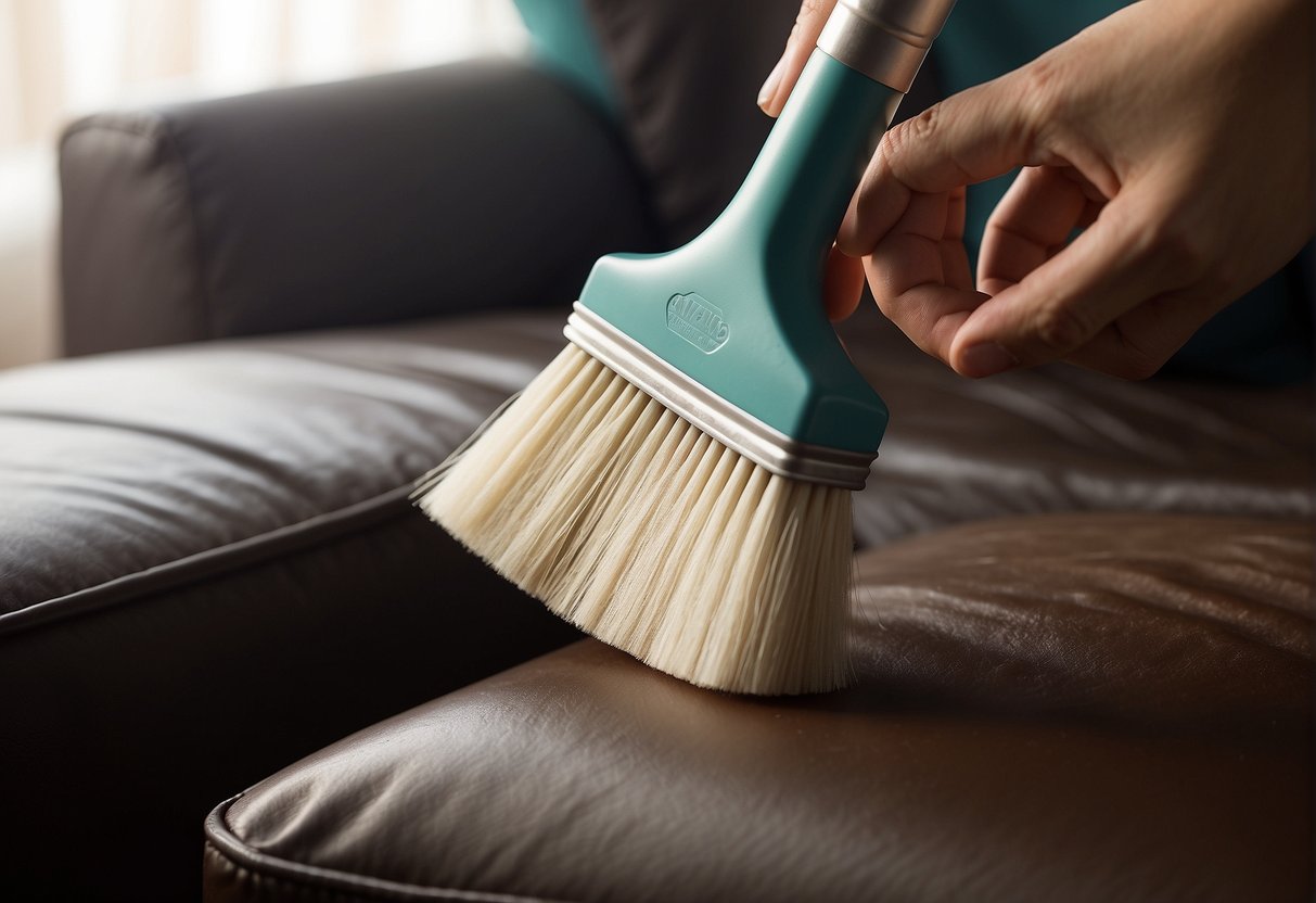 A hand holding a suede sofa brush, gently brushing the fabric in smooth, even strokes. A can of suede cleaner and a soft cloth sit nearby