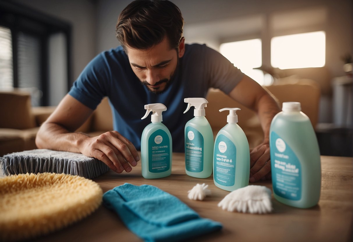 A person selecting cleaning products and tools for suede sofa cleaning