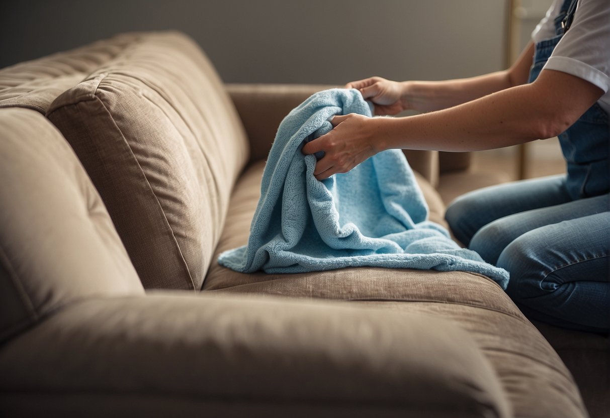 A person using a dry cleaning solution on a sofa, gently brushing and wiping the fabric to remove dirt and stains