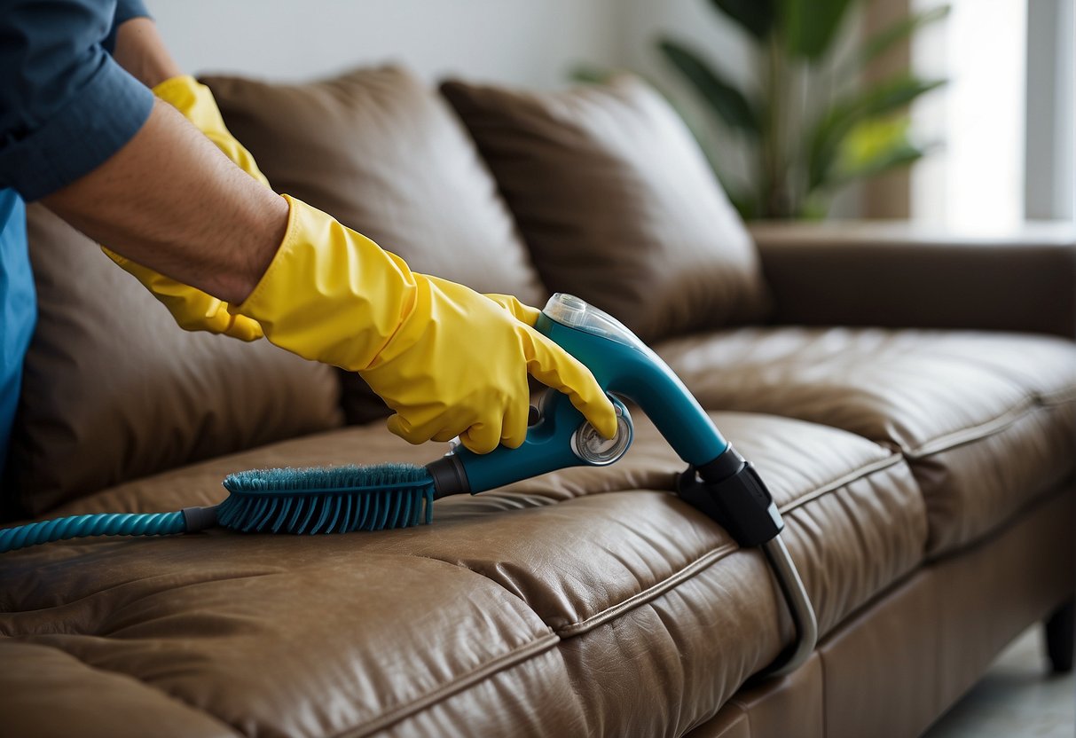 A sofa being cleaned using dry cleaning method, with a brush and vacuum removing dirt and stains