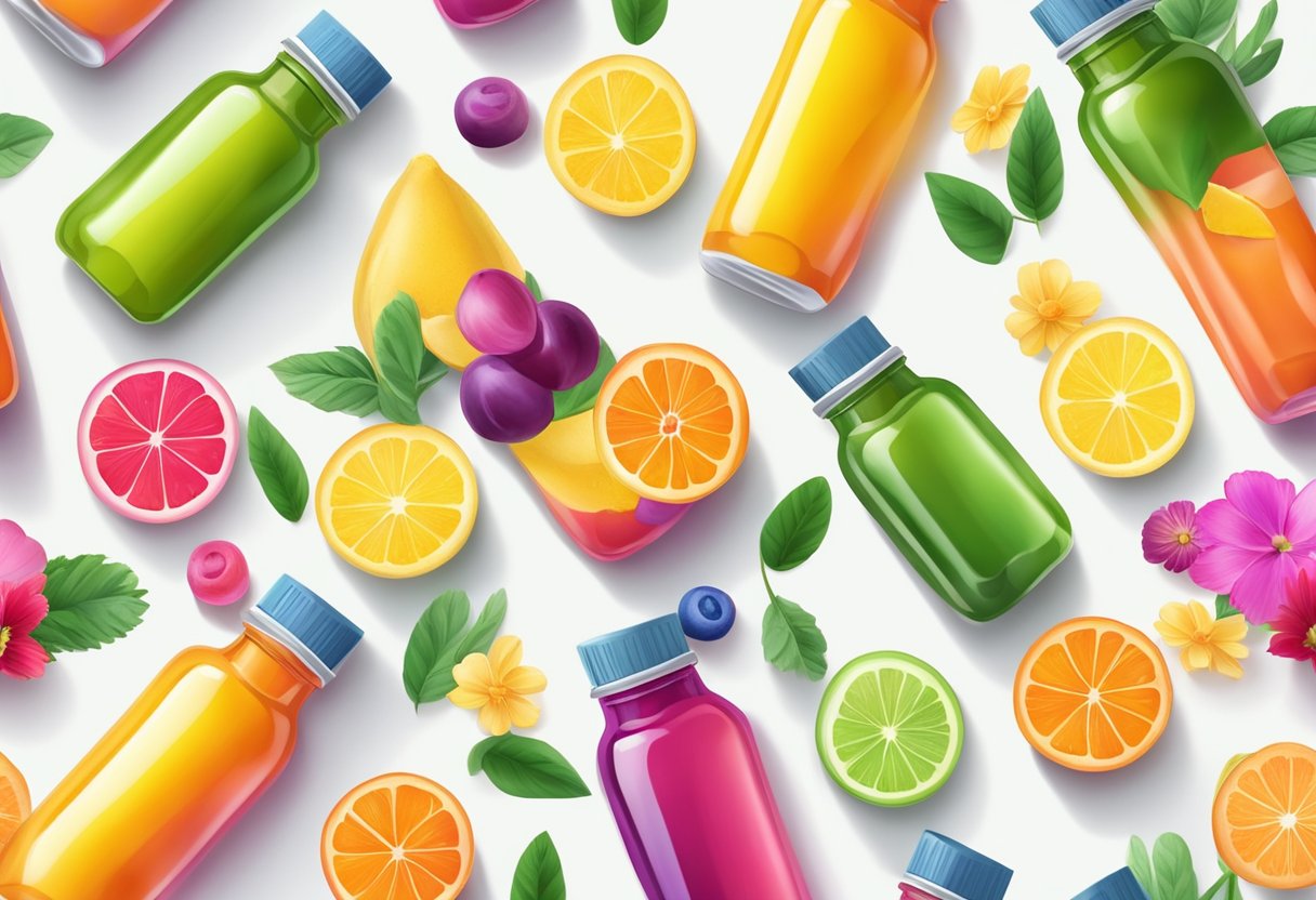 Colorful bottles of vitamins arranged on a clean, white surface with a backdrop of fresh fruits and vibrant flowers