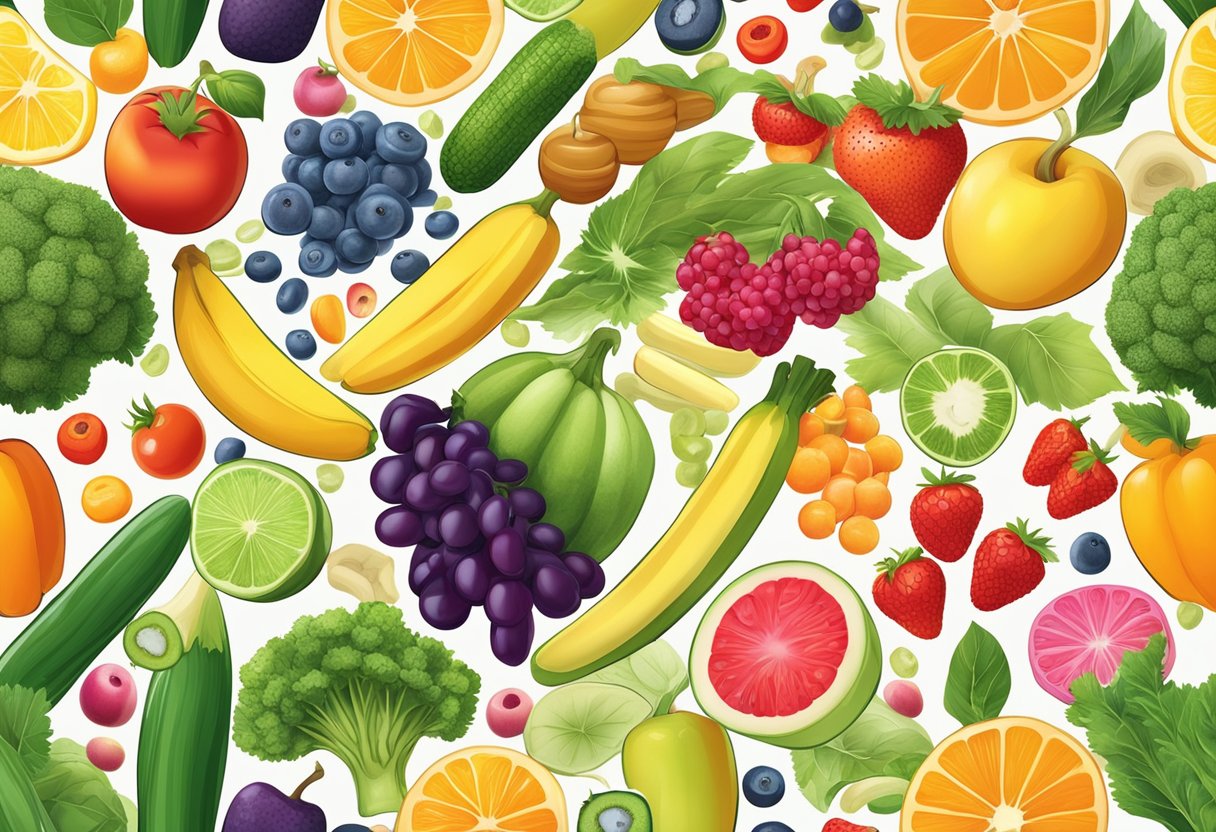 A colorful array of fruits, vegetables, and supplements arranged in a radiant display, symbolizing essential vitamins for healthy skin, hair, and nails