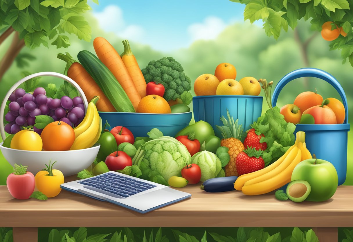 A vibrant display of vitamins, fruits, vegetables, and exercise equipment, surrounded by a serene natural setting