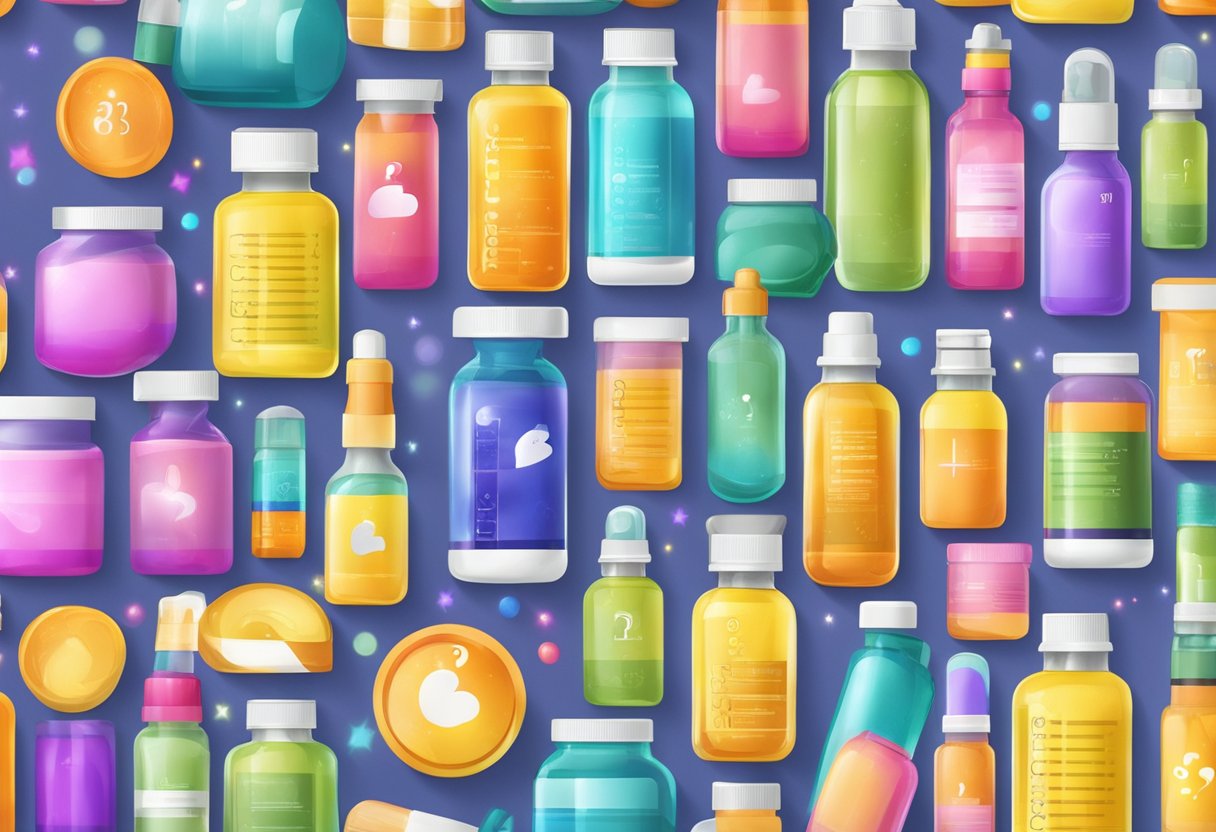 A colorful display of vitamin bottles with labels for hair, skin, and nails, surrounded by question marks and glowing reviews